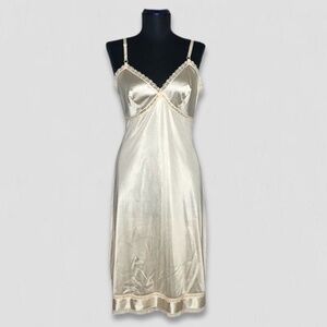Vintage 70s Sears Beige Nylon Lace Trim Slip Nightgown Small